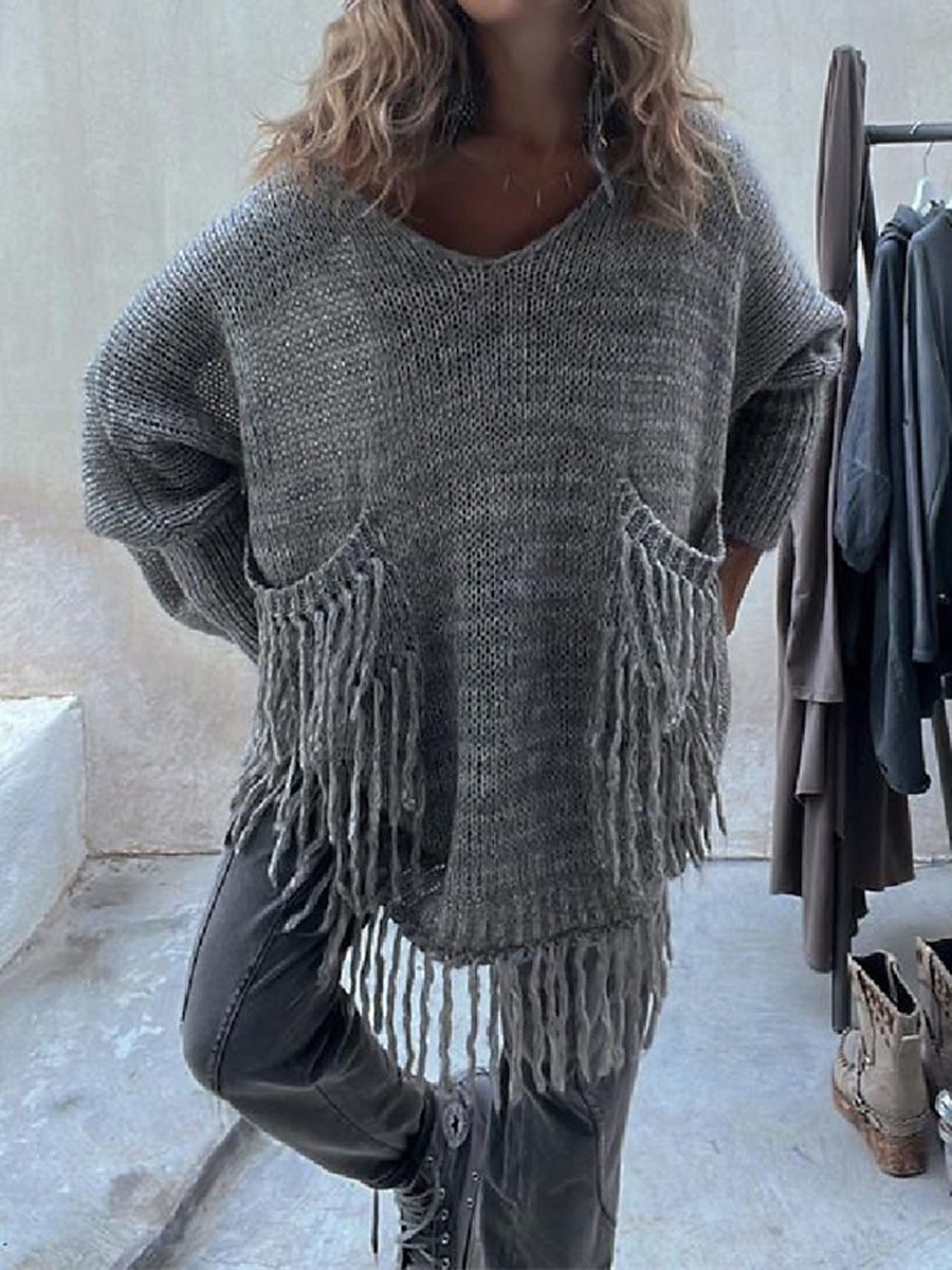 Crew Neck Tassel Pocket Ribbed Knit Sweater Camel & Green Casual