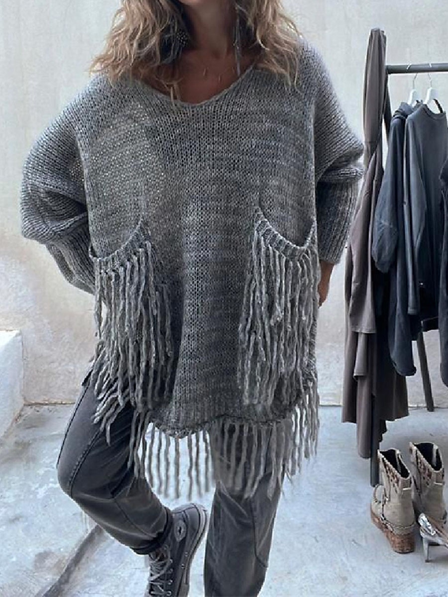 Crew Neck Tassel Pocket Ribbed Knit Sweater Camel & Green Casual
