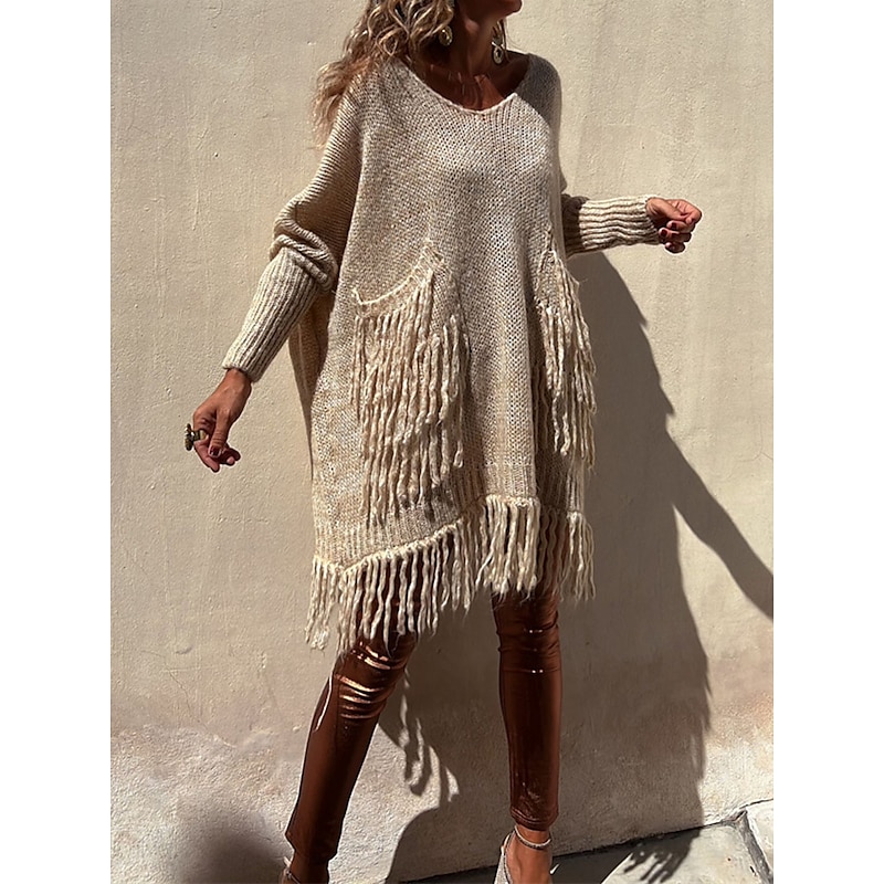 Crew Neck Tassel Pocket Ribbed Knit Sweater Camel & Green Casual